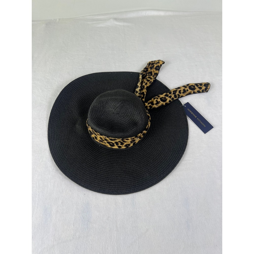 NWT Adrienne Vittadini Sun Hat OS Black New Leopard Print Scarf Wide Brim Resort